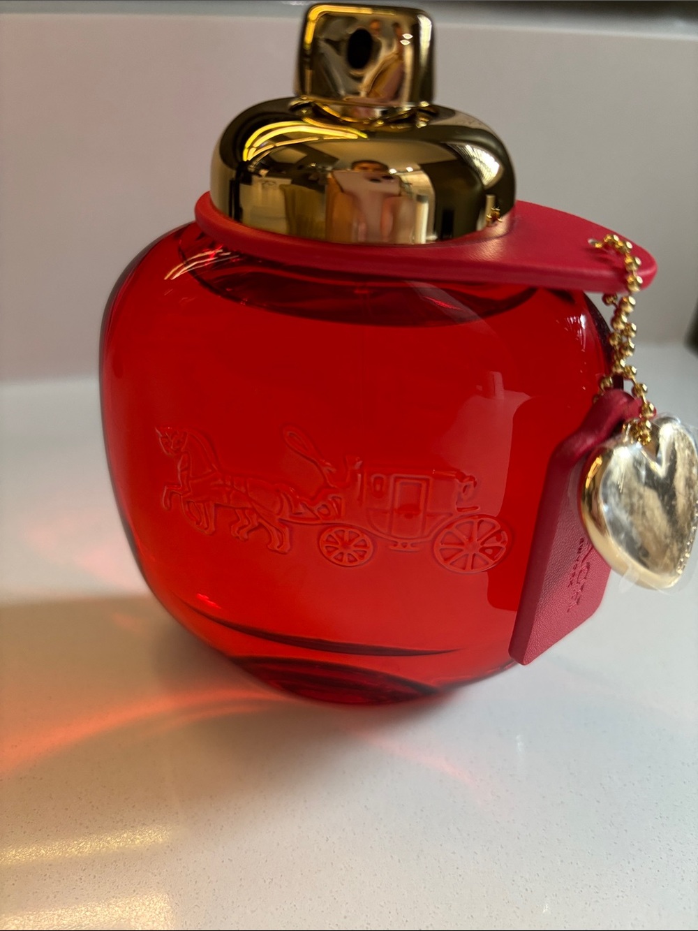 Coach love Red Glass Bottle with Gold Cap and Heart Charm - Picture 2 of 6